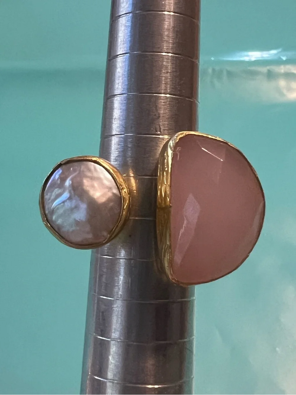 Gold Rose Quartz and Pearl Ring- Adjustable